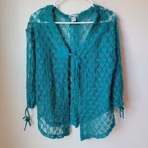 Vintage Lace Womens Top‎ Medium M Floral Green Cottagecore Boho Fairy Tie Front